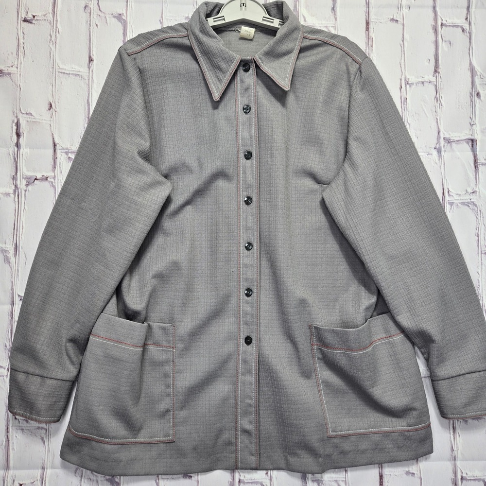 Vintage 70s Leisure Button Up Short Sleeve Gray Textured Collar Shirt Men L(42)